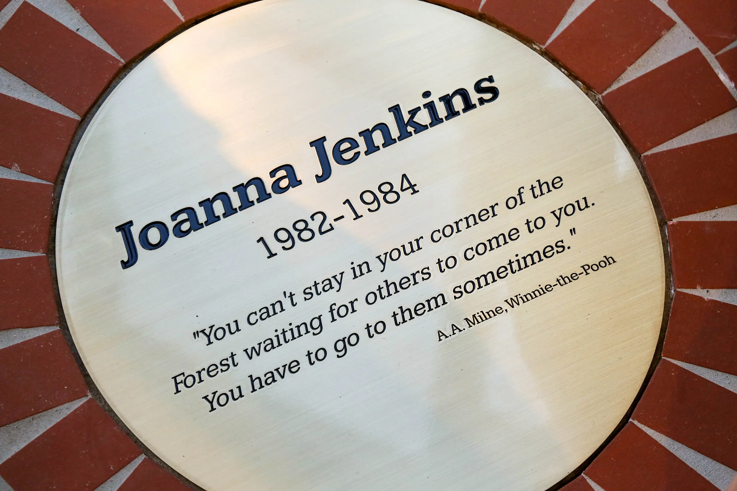 A close-up photo of a plaque with engraved text that says: Joanna Jenkins 1982 – 1984, 
