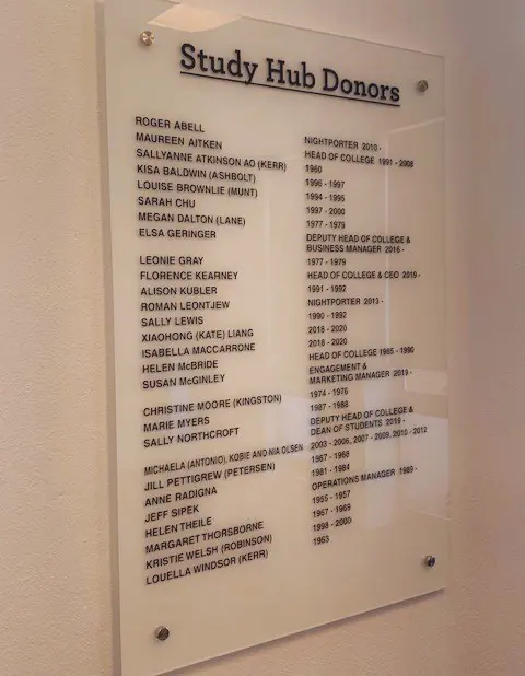 A photo of a plaque with the names of donors on it.
